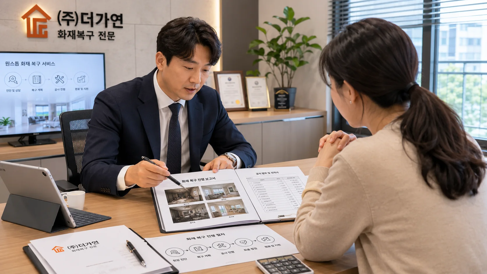 고객과 화재 복구 진행 보고서를 검토하는 담당자